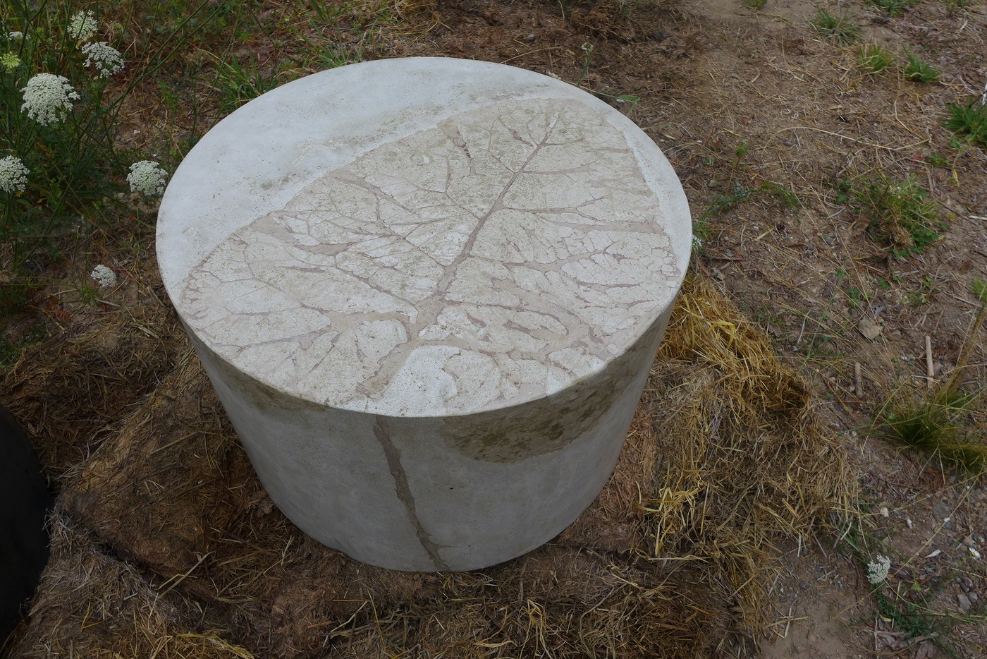 Light brown round Concrete Coffee Table with leaf impression