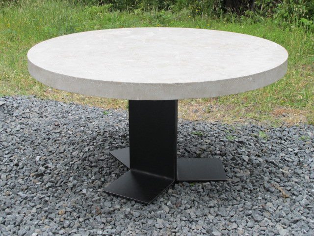 concrete dining table with steel base with flared bottom