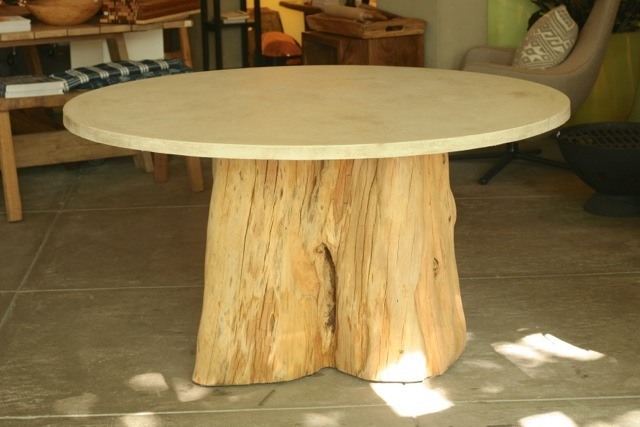 round concrete top on cypress wood base