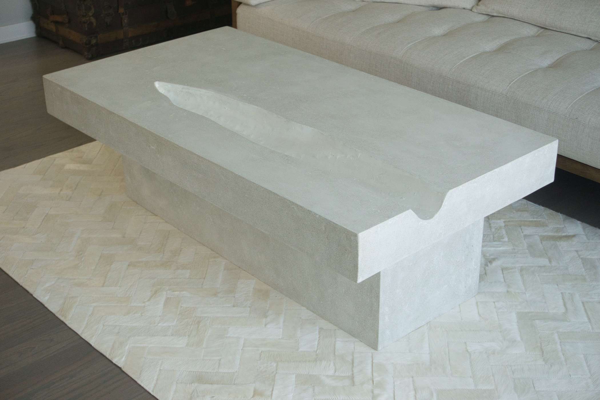 rectangular thick white concrete coffee table with agave blade embedded in top