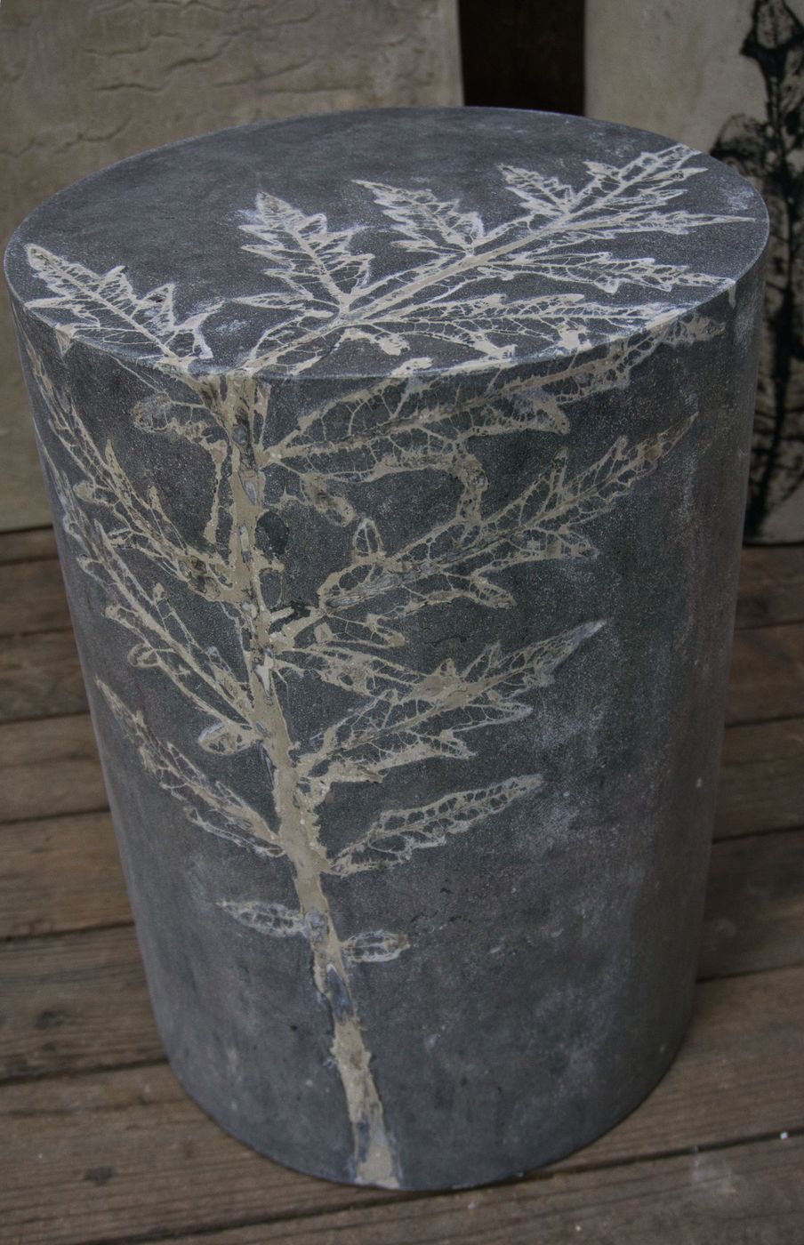 Grey Concrete Stool with Artichoke Leaf design on top and sides