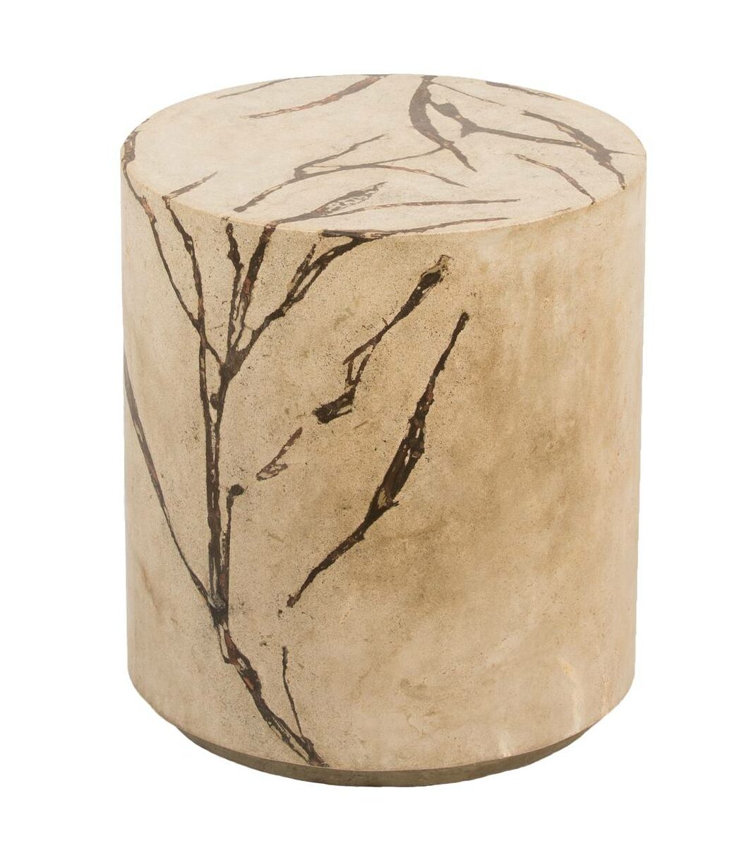 concrete side table with brown corn stalk impressions on top and sides