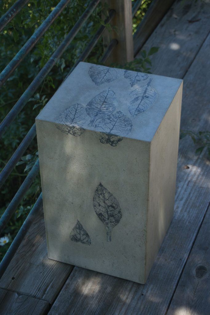 concrete square end table with sage and persimmon leaf impressions