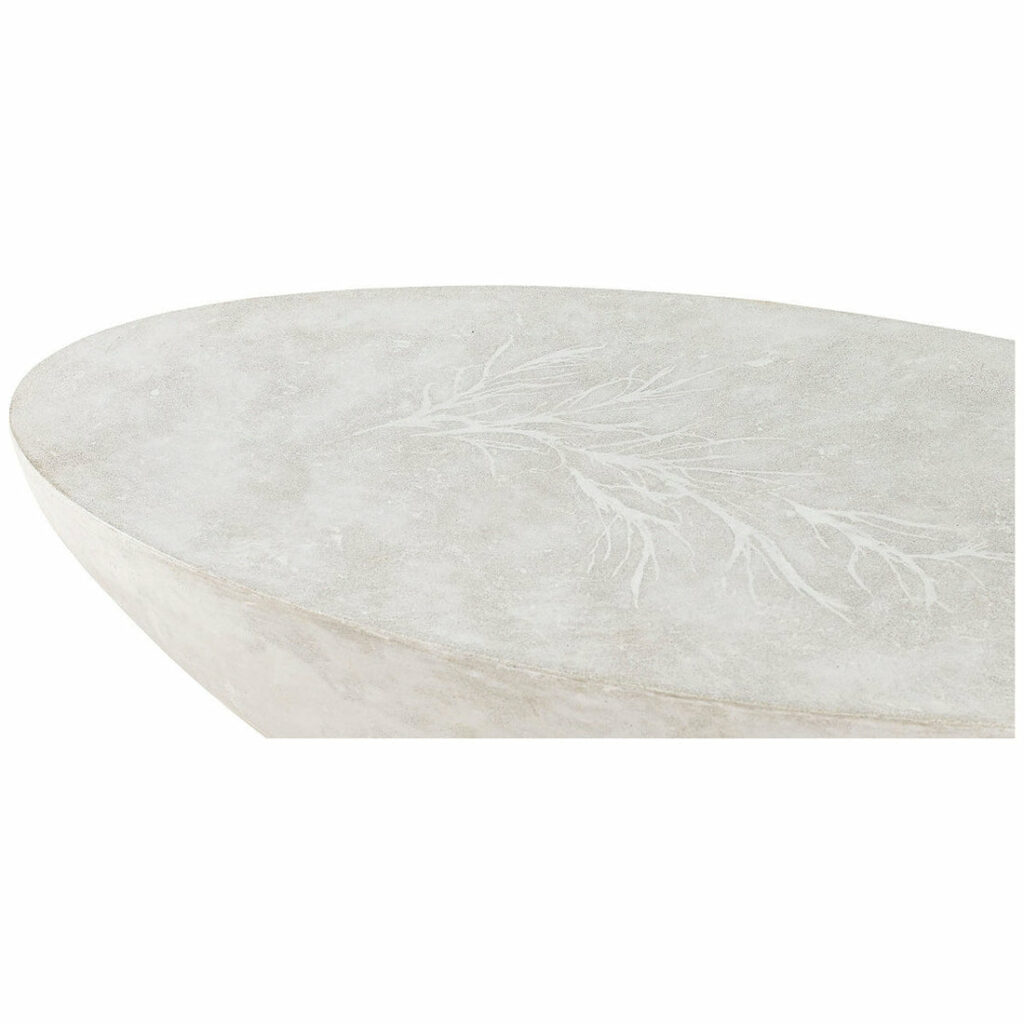 contemporary white oval concrete coffee table with miscanthus grass seedhead imprint on top filled in white.